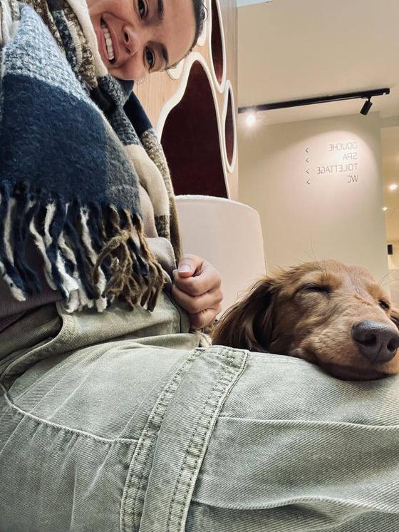 Un chien endormi sur les genoux de Myriam pendant une garde