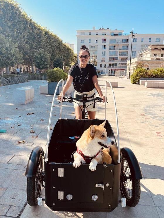 Myriam conduisant le triporteur de La Meute Mobile avec un corgi à bord, sur une promenade de Sète